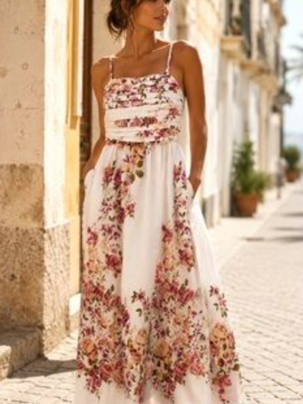 1.State White Maxi Dress with Pink Floral Print (M)